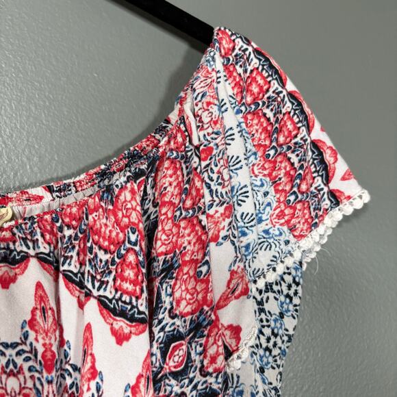 Faded Glory Red & Blue Boho Print Off The Shoulder Peasant Top - Size XXL (20) - Picture 2 of 7